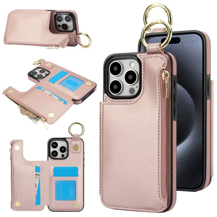 RFlD Anti-theft Double Buckle Ring Zipper Card Phone Case, For iPhone 15 Pro Max, For iPhone 15 Pro, For iPhone 15 Plus, For iPhone 15