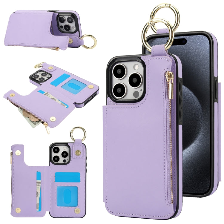 RFlD Anti-theft Double Buckle Ring Zipper Card Phone Case, For iPhone 15 Pro Max, For iPhone 15 Pro, For iPhone 15 Plus, For iPhone 15