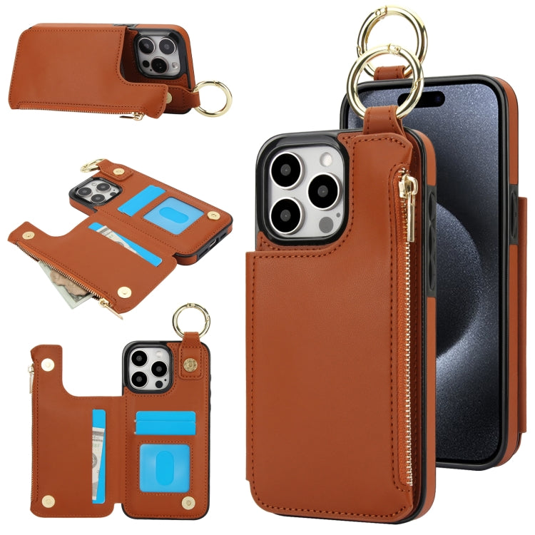 RFlD Anti-theft Double Buckle Ring Zipper Card Phone Case, For iPhone 15 Pro Max, For iPhone 15 Pro, For iPhone 15 Plus, For iPhone 15