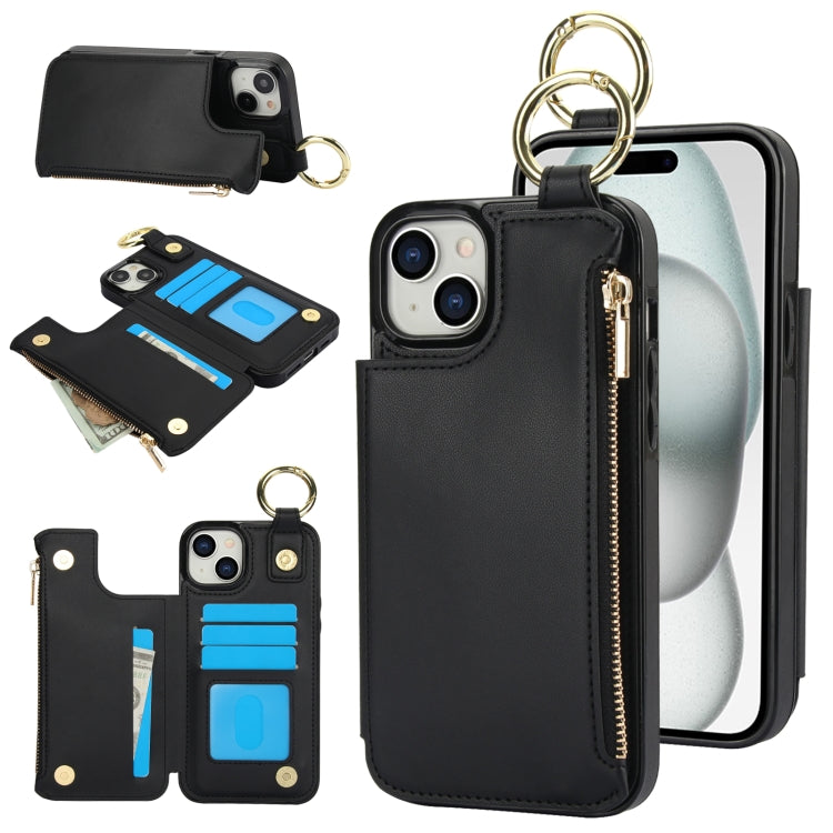 RFlD Anti-theft Double Buckle Ring Zipper Card Phone Case, For iPhone 15 Pro Max, For iPhone 15 Pro, For iPhone 15 Plus, For iPhone 15