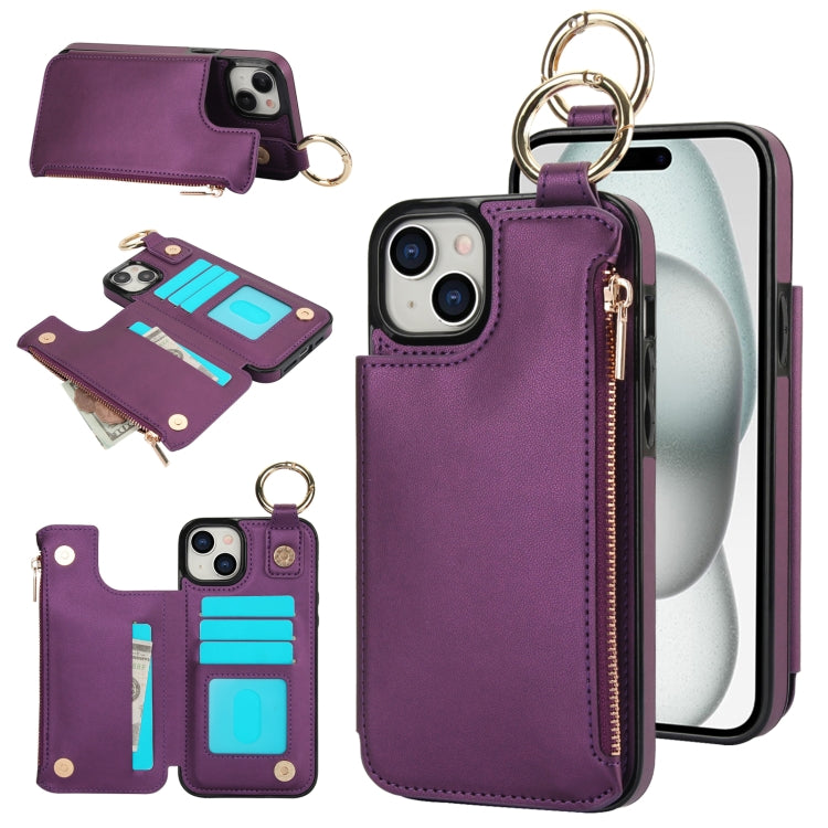 RFlD Anti-theft Double Buckle Ring Zipper Card Phone Case, For iPhone 15 Plus, For iPhone 15, For iPhone 14 Plus