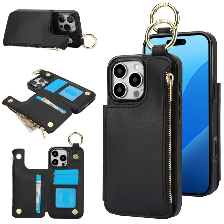 RFlD Anti-theft Double Buckle Ring Zipper Card Phone Case, For iPhone 16 Pro Max, For iPhone 16 Pro, For iPhone 16 Plus, For iPhone 16