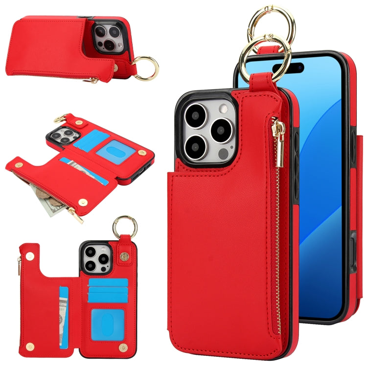 RFlD Anti-theft Double Buckle Ring Zipper Card Phone Case, For iPhone 16 Pro Max, For iPhone 16 Pro, For iPhone 16 Plus, For iPhone 16