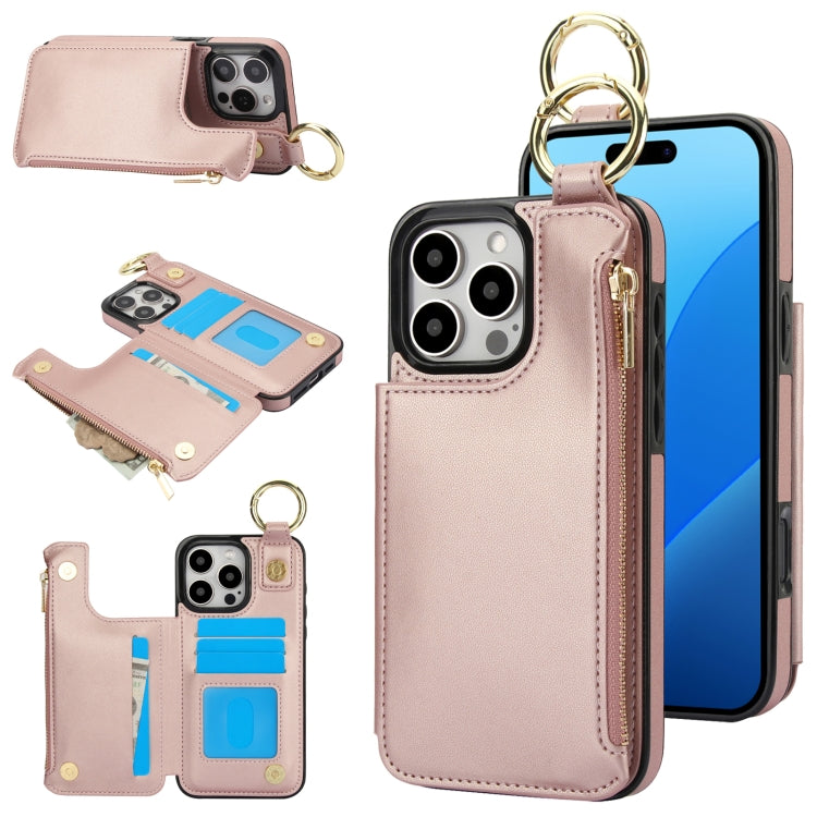 RFlD Anti-theft Double Buckle Ring Zipper Card Phone Case, For iPhone 16 Pro Max, For iPhone 16 Pro, For iPhone 16 Plus, For iPhone 16