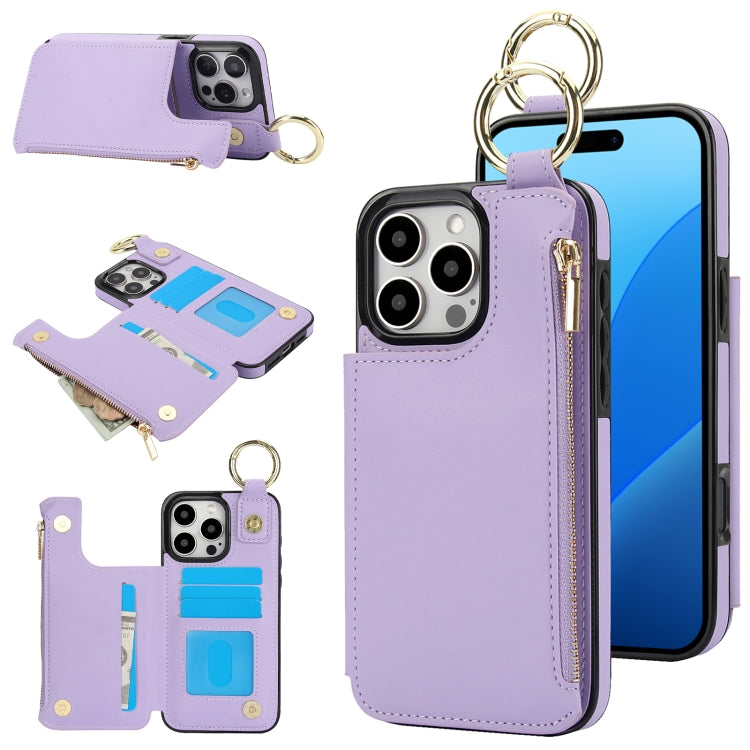 RFlD Anti-theft Double Buckle Ring Zipper Card Phone Case, For iPhone 16 Pro Max, For iPhone 16 Pro, For iPhone 16 Plus, For iPhone 16