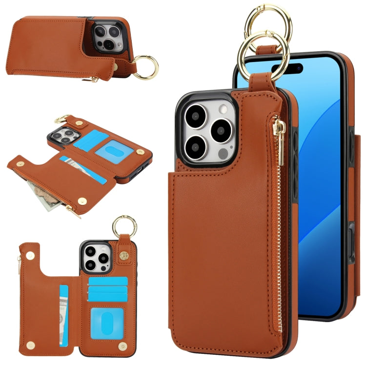 RFlD Anti-theft Double Buckle Ring Zipper Card Phone Case, For iPhone 16 Pro Max, For iPhone 16 Pro, For iPhone 16 Plus, For iPhone 16