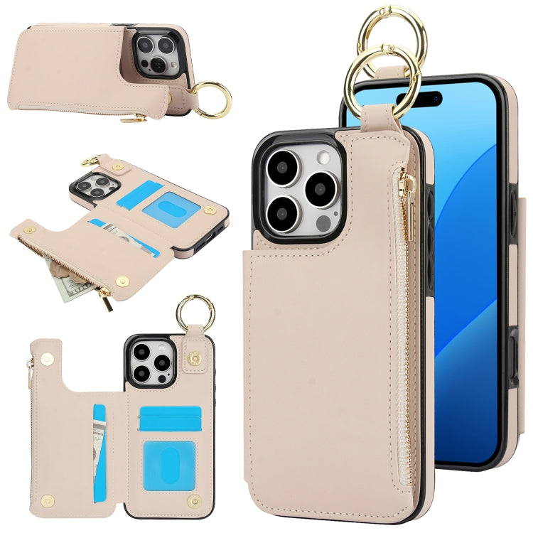 RFlD Anti-theft Double Buckle Ring Zipper Card Phone Case, For iPhone 16 Pro Max, For iPhone 16 Pro, For iPhone 16 Plus, For iPhone 16