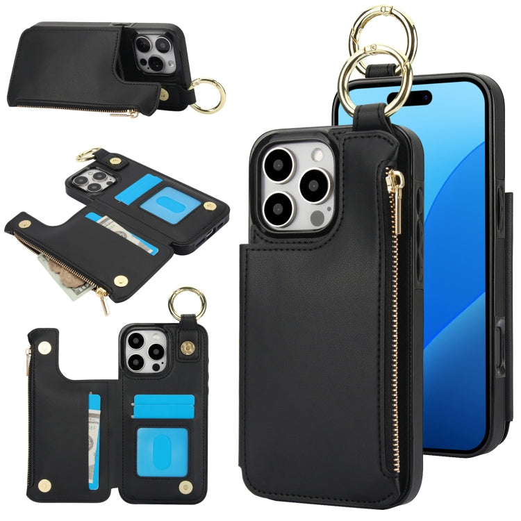 RFlD Anti-theft Double Buckle Ring Zipper Card Phone Case, For iPhone 16 Pro Max, For iPhone 16 Pro, For iPhone 16 Plus, For iPhone 16