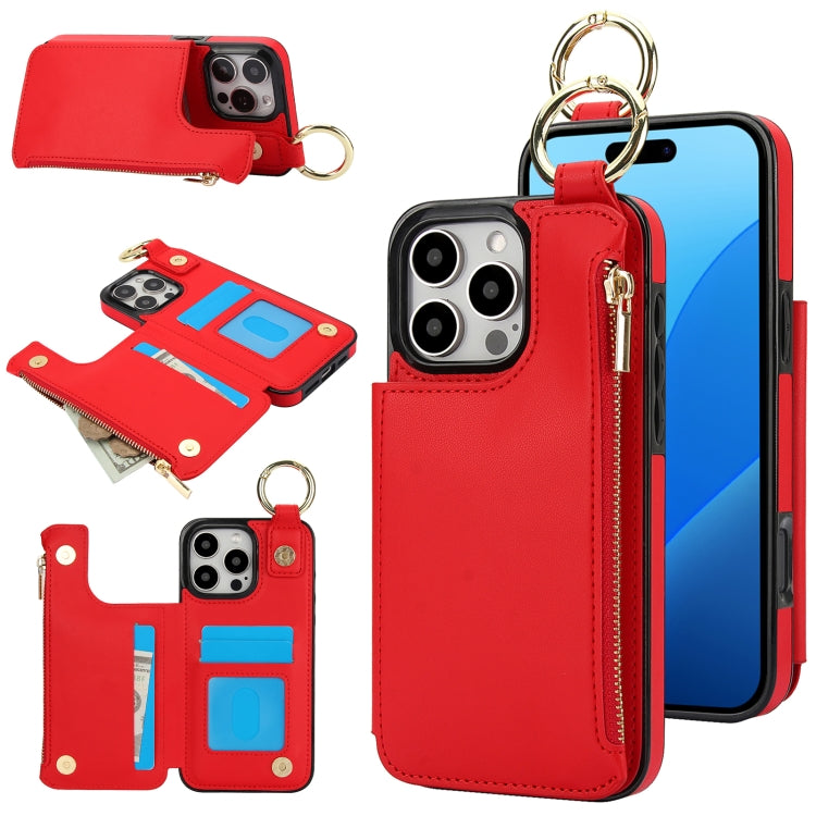 RFlD Anti-theft Double Buckle Ring Zipper Card Phone Case, For iPhone 16 Pro Max, For iPhone 16 Pro, For iPhone 16 Plus, For iPhone 16