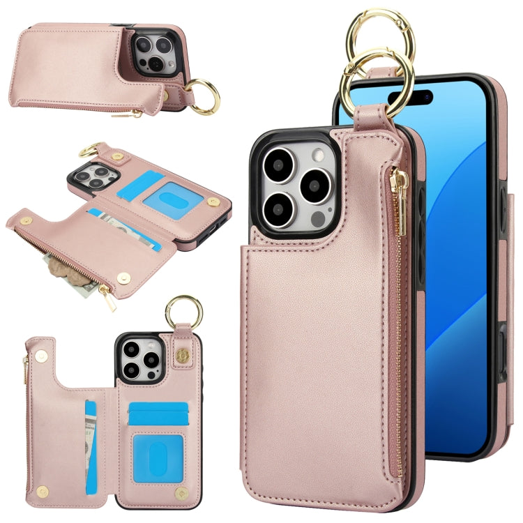 RFlD Anti-theft Double Buckle Ring Zipper Card Phone Case, For iPhone 16 Pro Max, For iPhone 16 Pro, For iPhone 16 Plus, For iPhone 16