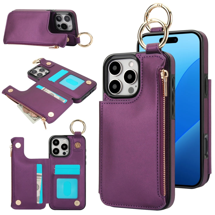 RFlD Anti-theft Double Buckle Ring Zipper Card Phone Case, For iPhone 16 Pro Max, For iPhone 16 Pro, For iPhone 16 Plus, For iPhone 16