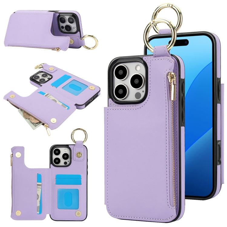 RFlD Anti-theft Double Buckle Ring Zipper Card Phone Case, For iPhone 16 Pro Max, For iPhone 16 Pro, For iPhone 16 Plus, For iPhone 16