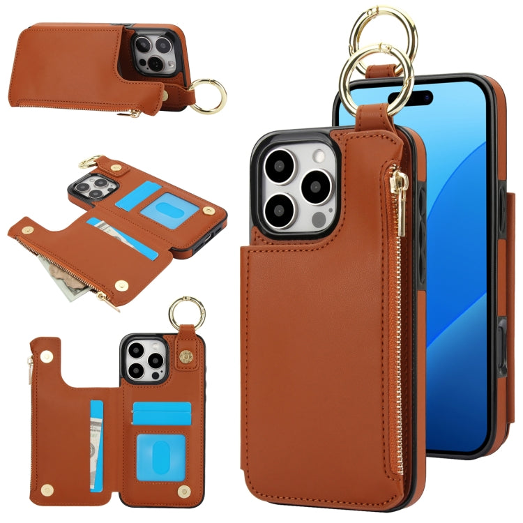 RFlD Anti-theft Double Buckle Ring Zipper Card Phone Case, For iPhone 16 Pro Max, For iPhone 16 Pro, For iPhone 16 Plus, For iPhone 16