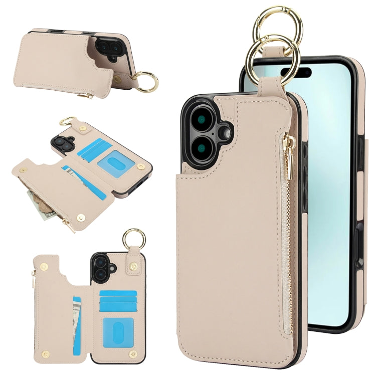 RFlD Anti-theft Double Buckle Ring Zipper Card Phone Case, For iPhone 16 Pro Max, For iPhone 16 Pro, For iPhone 16 Plus, For iPhone 16