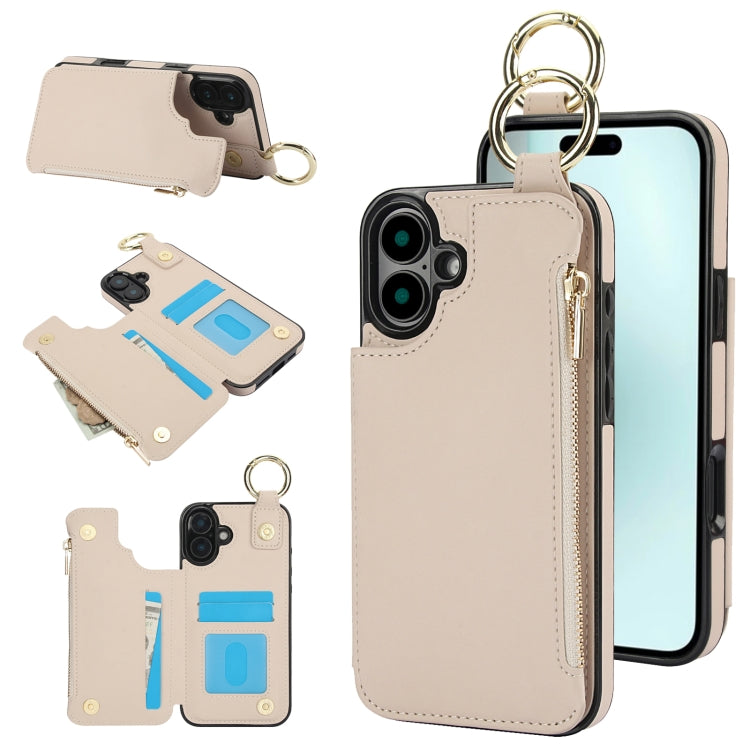 RFlD Anti-theft Double Buckle Ring Zipper Card Phone Case, For iPhone 16 Pro Max, For iPhone 16 Pro, For iPhone 16 Plus, For iPhone 16