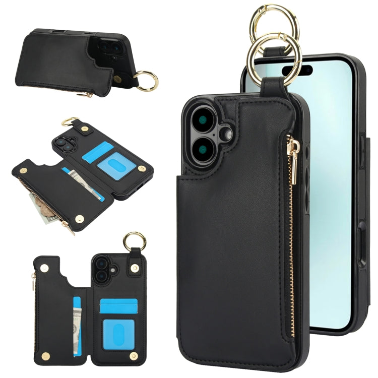 RFlD Anti-theft Double Buckle Ring Zipper Card Phone Case, For iPhone 16 Pro Max, For iPhone 16 Pro, For iPhone 16 Plus, For iPhone 16