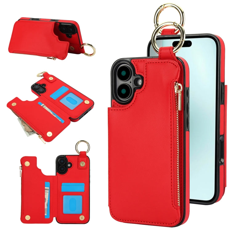 RFlD Anti-theft Double Buckle Ring Zipper Card Phone Case, For iPhone 16 Pro Max, For iPhone 16 Pro, For iPhone 16 Plus, For iPhone 16