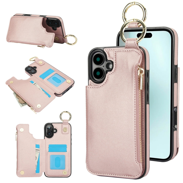 RFlD Anti-theft Double Buckle Ring Zipper Card Phone Case, For iPhone 16 Pro Max, For iPhone 16 Pro, For iPhone 16 Plus, For iPhone 16