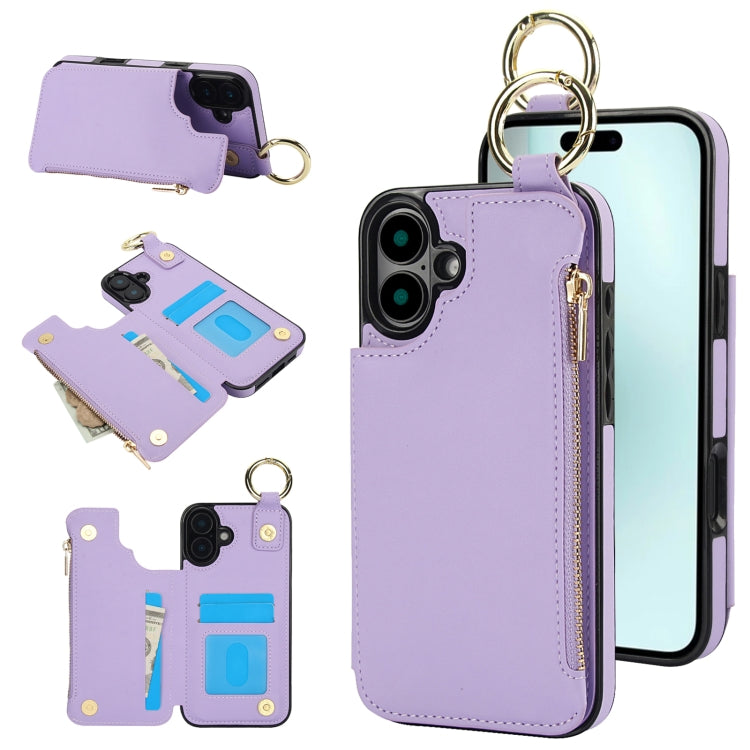 RFlD Anti-theft Double Buckle Ring Zipper Card Phone Case, For iPhone 16 Pro Max, For iPhone 16 Pro, For iPhone 16 Plus, For iPhone 16