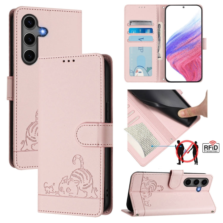 Cat Rat Embossed RFID Leather Phone Case with Lanyard, For Samsung Galaxy S25 5G, For Samsung Galaxy S25+ 5G, For Samsung Galaxy S25 Ultra 5G, For Samsung Galaxy S24 FE 5G