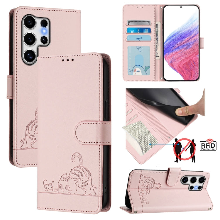 Cat Rat Embossed RFID Leather Phone Case with Lanyard, For Samsung Galaxy S25 5G, For Samsung Galaxy S25+ 5G, For Samsung Galaxy S25 Ultra 5G, For Samsung Galaxy S24 FE 5G