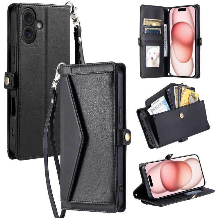Wallet Multi-card Slot Leather Phone Case with Lanyard, For iPhone 16e, For iPhone 16 Pro Max, For iPhone 16 Pro, For iPhone 16 Plus, For iPhone 16
