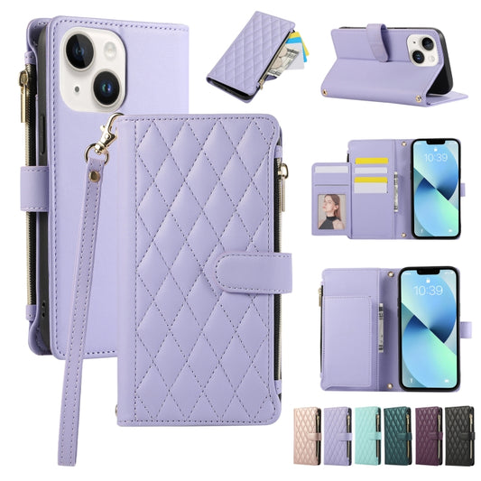 Rhombic Zipper Wallet Leather Phone Case, For iPhone 14 Plus, For iPhone 14, For iPhone 14 Pro, For iPhone 14 Pro Max