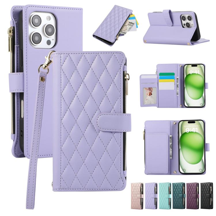 Rhombic Zipper Wallet Leather Phone Case, For iPhone 16 Pro Max, For iPhone 16 Pro, For iPhone 16 Plus, For iPhone 16
