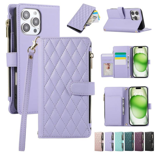 Rhombic Zipper Wallet Leather Phone Case, For iPhone 16 Pro Max, For iPhone 16 Pro, For iPhone 16 Plus, For iPhone 16