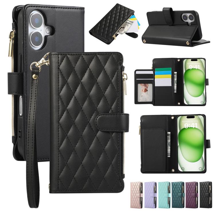 Rhombic Zipper Wallet Leather Phone Case, For iPhone 16 Pro Max, For iPhone 16 Pro, For iPhone 16 Plus, For iPhone 16