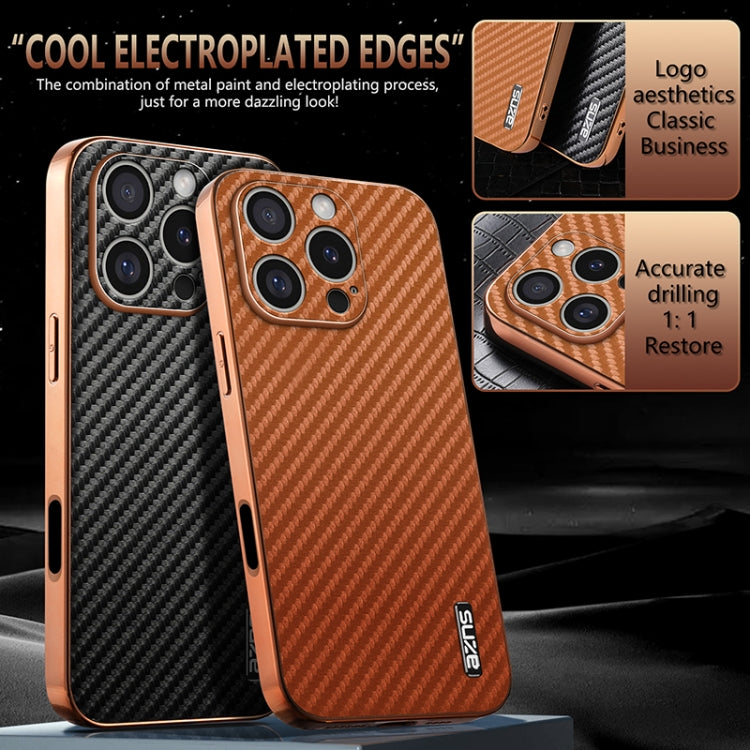 AZNS Electroplated Edge Carbon Fiber Texture Phone Case, For iPhone 16 Pro Max, For iPhone 16 Pro, For iPhone 16 Plus, For iPhone 16, For iPhone 15 Pro Max, For iPhone 15 Pro, For iPhone 15 Plus, For iPhone 15