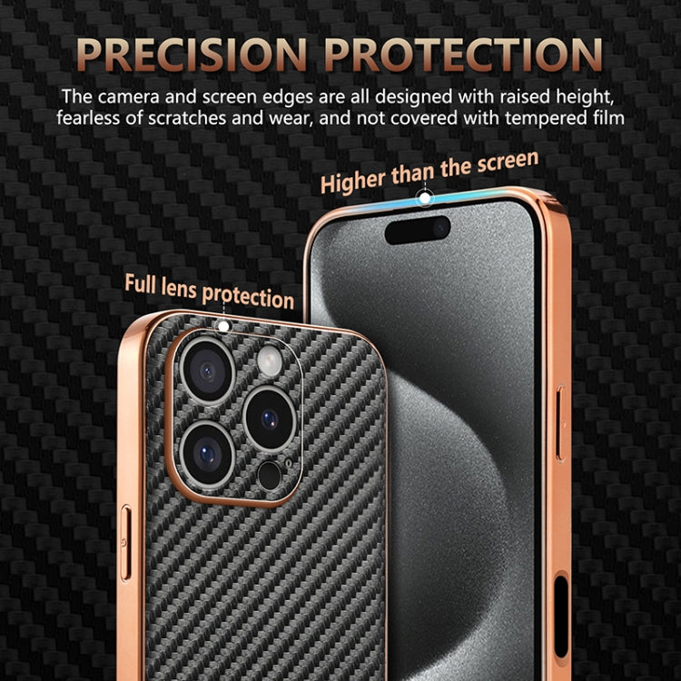 AZNS Electroplated Edge Carbon Fiber Texture Phone Case, For iPhone 16 Pro Max, For iPhone 16 Pro, For iPhone 16 Plus, For iPhone 16, For iPhone 15 Pro Max, For iPhone 15 Pro, For iPhone 15 Plus, For iPhone 15