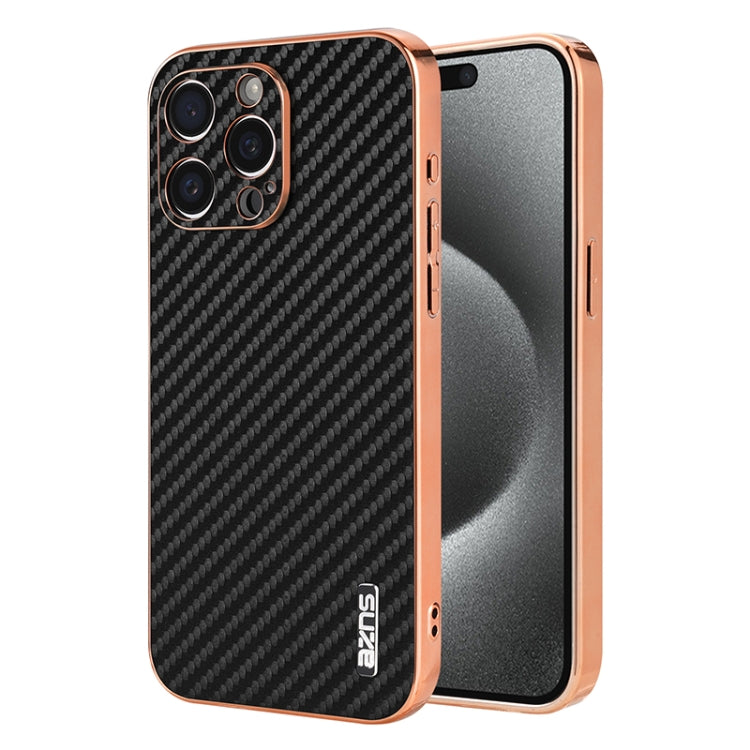 AZNS Electroplated Edge Carbon Fiber Texture Phone Case, For iPhone 16 Pro Max, For iPhone 16 Pro, For iPhone 16 Plus, For iPhone 16, For iPhone 15 Pro Max, For iPhone 15 Pro, For iPhone 15 Plus, For iPhone 15