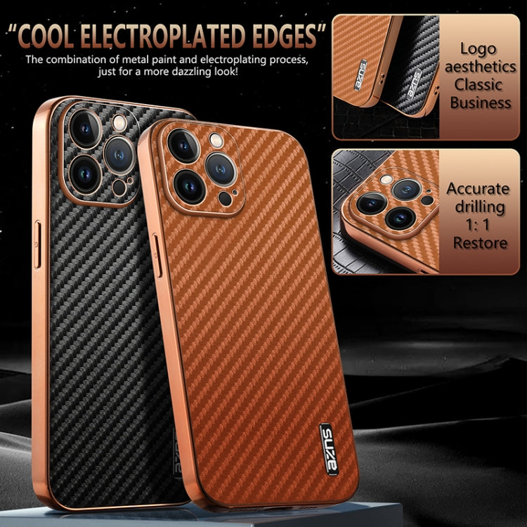 AZNS Electroplated Edge Carbon Fiber Texture Phone Case, For iPhone 12 Pro Max, For iPhone 12 Pro, For iPhone 11, For iPhone 11 Pro