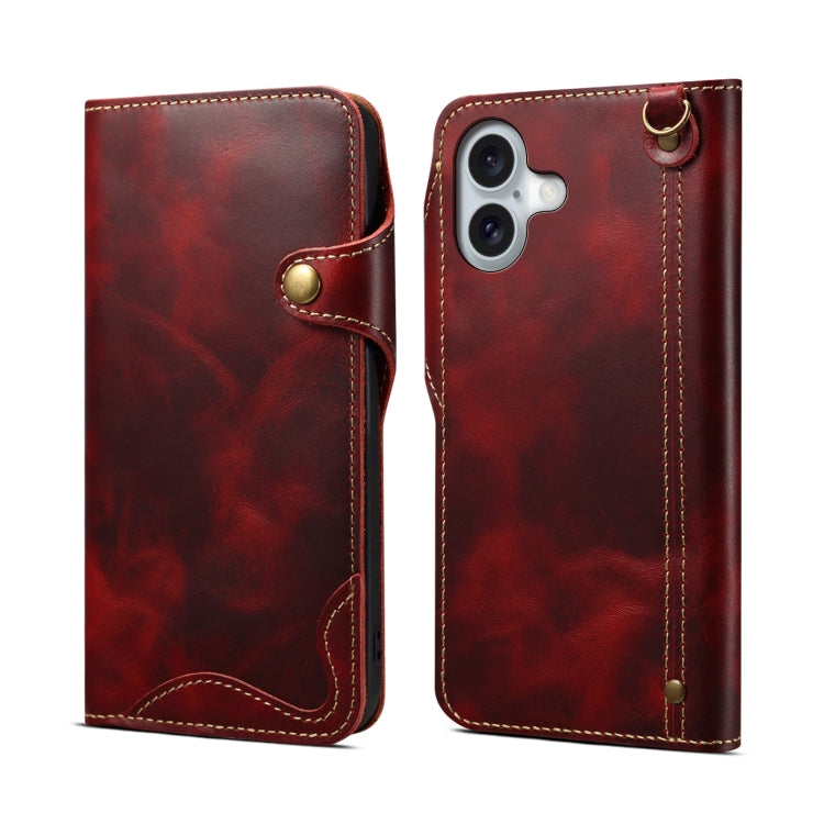 Denior B01 Oil Wax Cowhide Magnetic Button Genuine Leather Case, For iPhone 16 Pro Max, For iPhone 16 Pro, For iPhone 16 Plus, For iPhone 16