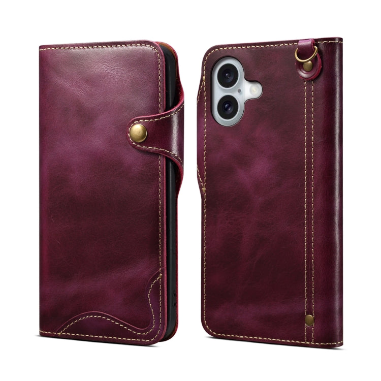 Denior B01 Oil Wax Cowhide Magnetic Button Genuine Leather Case, For iPhone 16 Pro Max, For iPhone 16 Pro, For iPhone 16 Plus, For iPhone 16