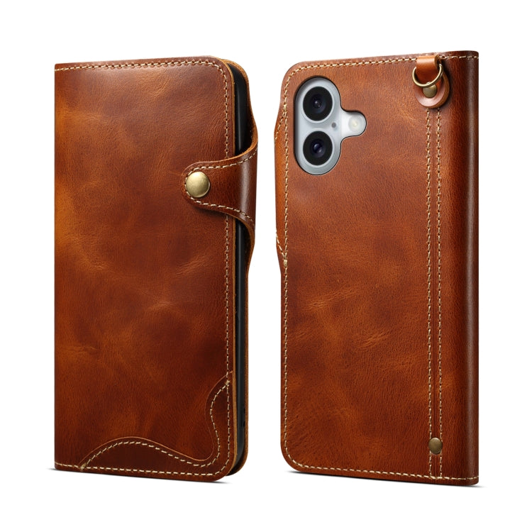 Denior B01 Oil Wax Cowhide Magnetic Button Genuine Leather Case, For iPhone 16 Pro Max, For iPhone 16 Pro, For iPhone 16 Plus, For iPhone 16