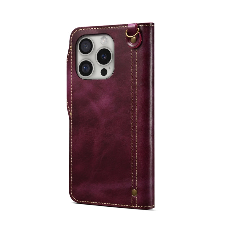 Denior B01 Oil Wax Cowhide Magnetic Button Genuine Leather Case, For iPhone 16 Pro Max, For iPhone 16 Pro, For iPhone 16 Plus, For iPhone 16