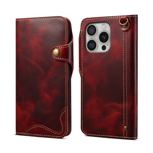 Denior B01 Oil Wax Cowhide Magnetic Button Genuine Leather Case, For iPhone 16 Pro Max, For iPhone 16 Pro, For iPhone 16 Plus, For iPhone 16