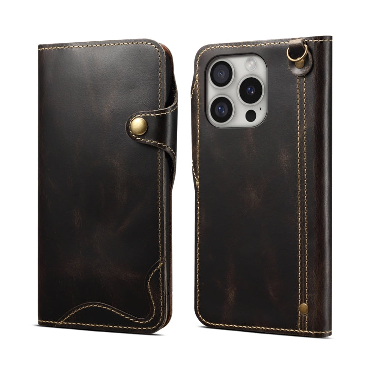 Denior B01 Oil Wax Cowhide Magnetic Button Genuine Leather Case, For iPhone 16 Pro Max, For iPhone 16 Pro, For iPhone 16 Plus, For iPhone 16