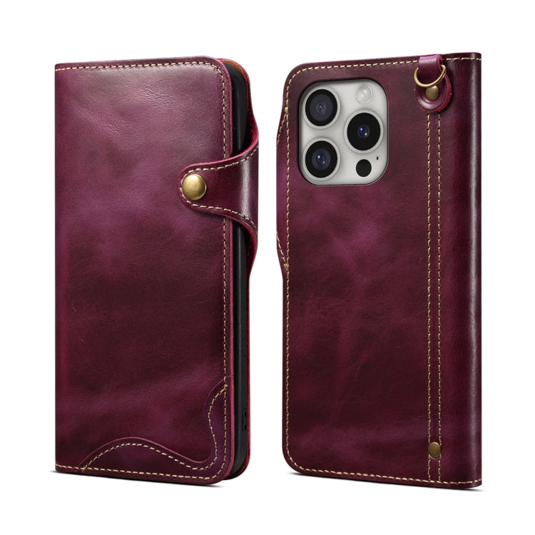 Denior B01 Oil Wax Cowhide Magnetic Button Genuine Leather Case, For iPhone 16 Pro Max, For iPhone 16 Pro, For iPhone 16 Plus, For iPhone 16