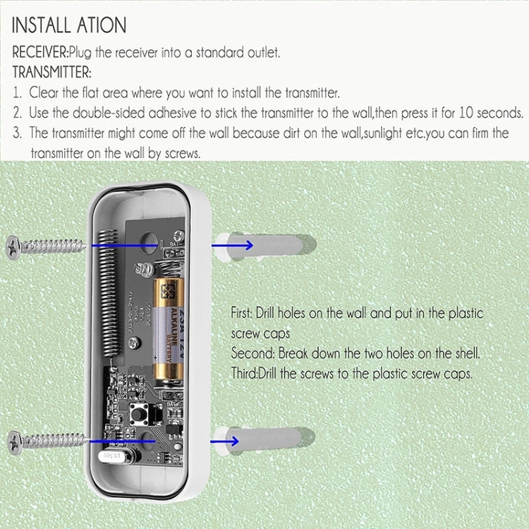 N15K-1T2-B 110dB IP55 Waterproof Wireless Doorbell, Receiver x 2 and Transmitter x 1, US Plug, N15K-1T2-B