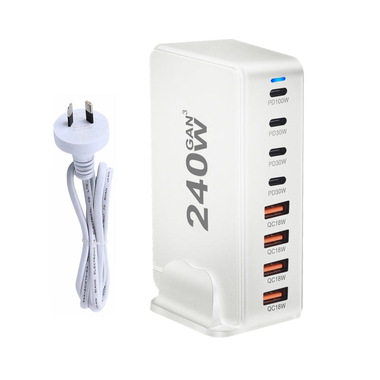 YMS-858 GaN 240W USB x 4, USB-C / Type-C x 4 Fast Charger, US Plug, UK Plug, AU Plug, EU Plug