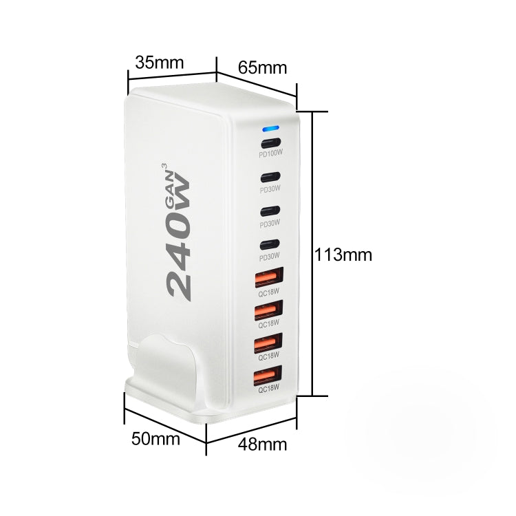 YMS-858 GaN 240W USB x 4, USB-C / Type-C x 4 Fast Charger, US Plug, UK Plug, AU Plug, EU Plug