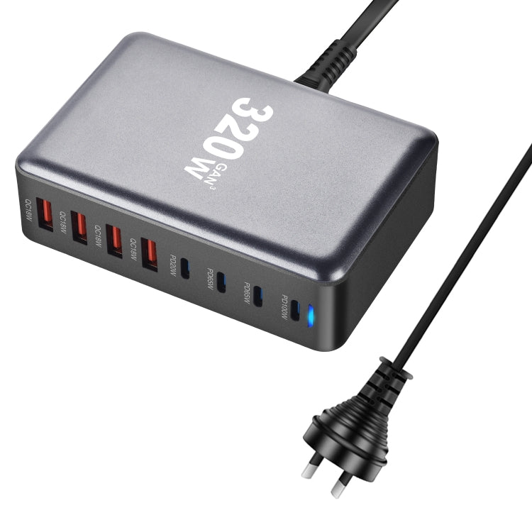 YMX-320W GaN 320W USB x 4, USB-C / Type-C x 4 Fast Charger, US Plug, UK Plug, AU Plug, EU Plug