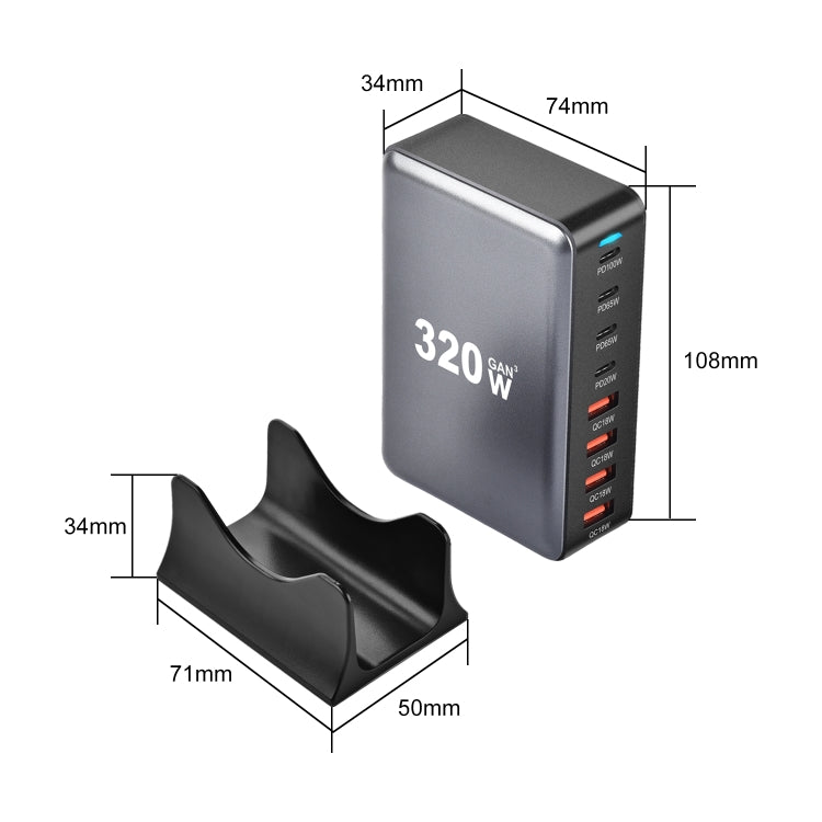 YMX-320W GaN 320W USB x 4, USB-C / Type-C x 4 Fast Charger, US Plug, UK Plug, AU Plug, EU Plug