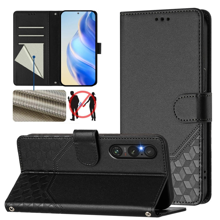 Honeycomb Embossing RFID Leather Phone Case, For Sony Xperia 10 VI 2024, For Sony Xperia 1 VI 2024, For Sony Xperia 5 VI 2024, For Sony Xperia 5 V, For Sony Xperia 1 V 2023