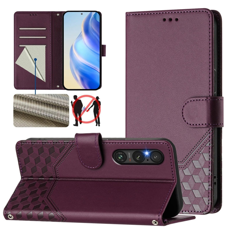 Honeycomb Embossing RFID Leather Phone Case, For Sony Xperia 10 VI 2024, For Sony Xperia 1 VI 2024, For Sony Xperia 5 VI 2024, For Sony Xperia 5 V, For Sony Xperia 1 V 2023