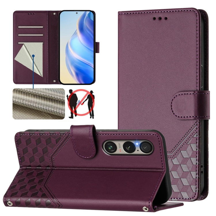 Honeycomb Embossing RFID Leather Phone Case, For Sony Xperia 10 VI 2024, For Sony Xperia 1 VI 2024, For Sony Xperia 5 VI 2024, For Sony Xperia 5 V, For Sony Xperia 1 V 2023