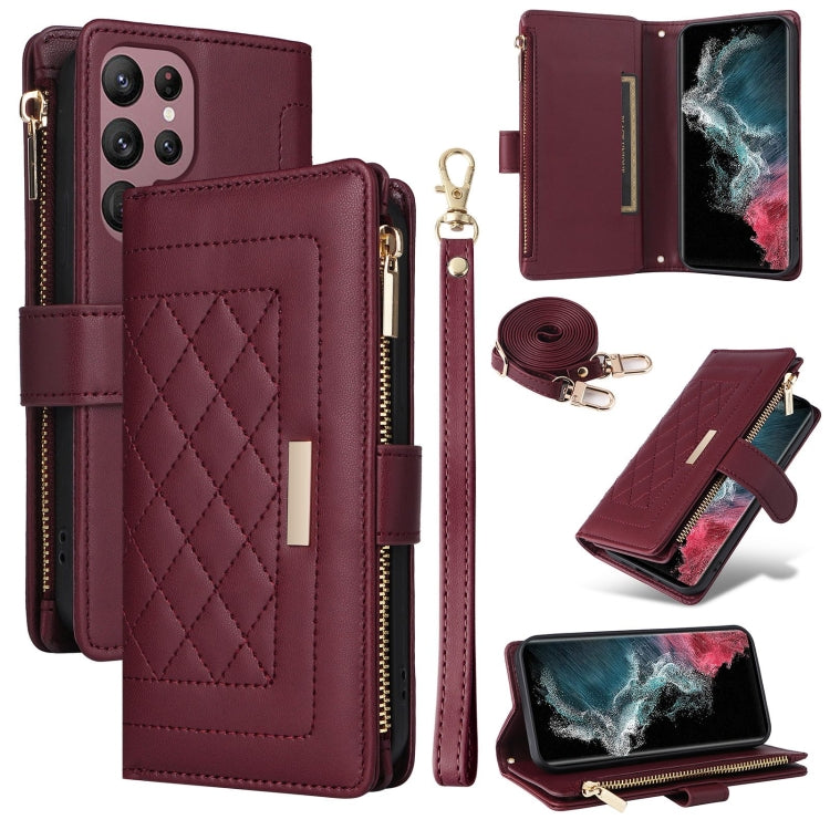 Crossbody Zipper Wallet Rhombus Leather Phone Case, For Samsung Galaxy S23+ 5G, For Samsung Galaxy S23 5G, For Samsung Galaxy S20 FE, For Samsung Galaxy S22 Ultra 5G, For Samsung Galaxy S22+ 5G, For Samsung Galaxy S22 5G